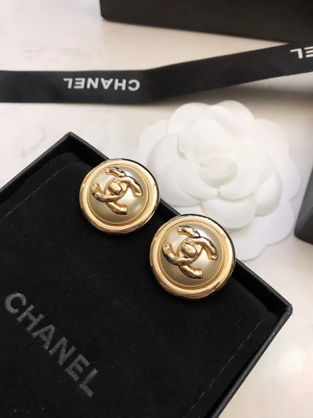 Chanel Gold Beige Round Button Metal Earrings 6
