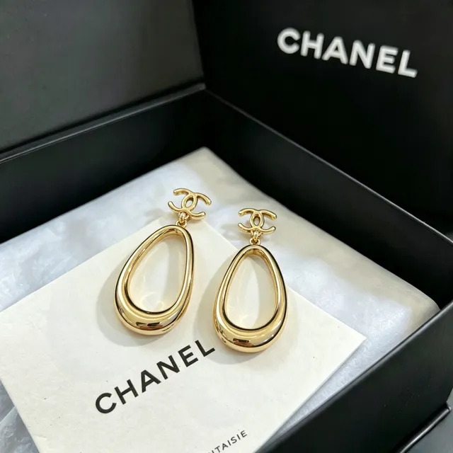 Chanel Gold-Tone CC Logo Teardrop Hoop Earrings 8