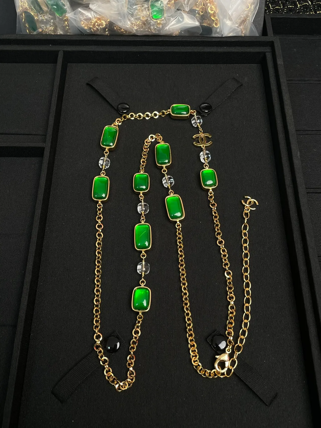 Chanel Green Gold Curb Chain Rectangular Resin Plaques Necklace 4