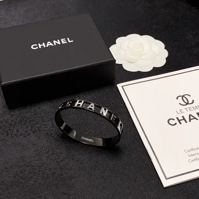 Chanel Logo Bangle Black High-Gloss Metal Bracelet 2