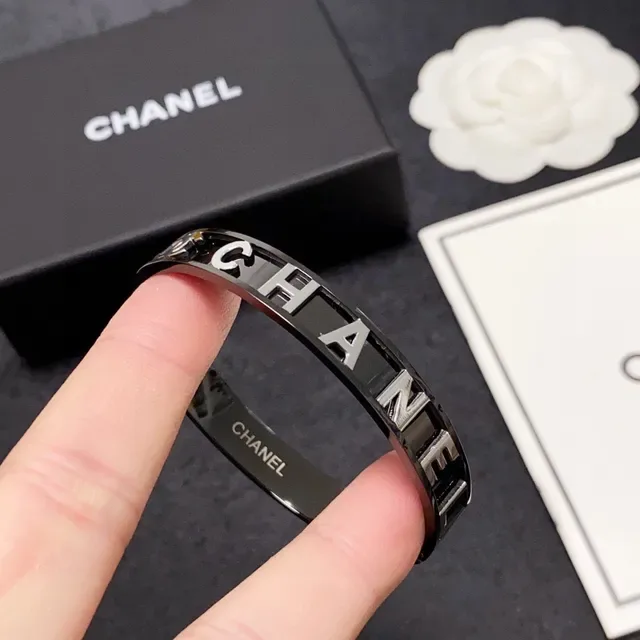 Chanel Logo Bangle Black High-Gloss Metal Bracelet 3