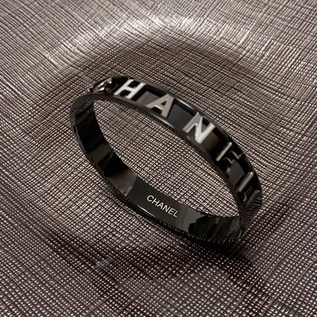 Chanel Logo Bangle Black High-Gloss Metal Bracelet 4