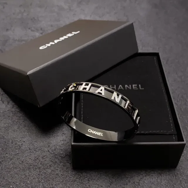 Chanel Logo Bangle Black High-Gloss Metal Bracelet 5