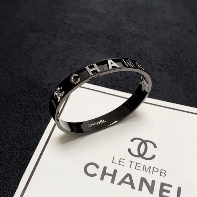 Chanel Logo Bangle Black High-Gloss Metal Bracelet 6