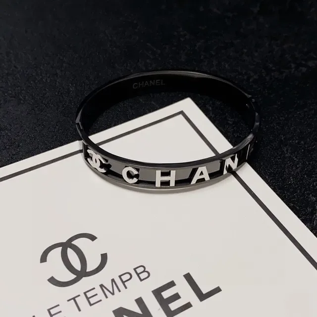 Chanel Logo Bangle Black High-Gloss Metal Bracelet 7