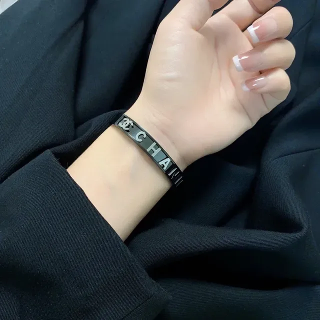 Chanel Logo Bangle Black High-Gloss Metal Bracelet 9