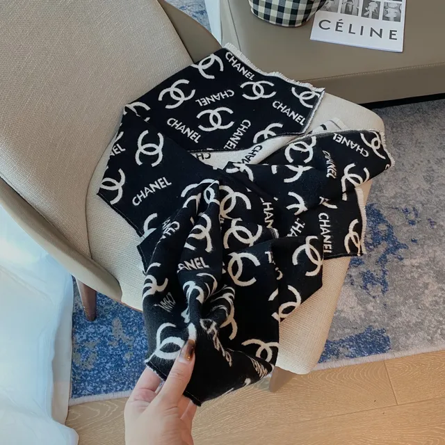 Chanel Monogrammed Black and White Cashmere Scarf 2