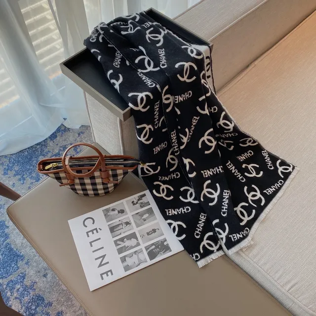 Chanel Monogrammed Black and White Cashmere Scarf 3
