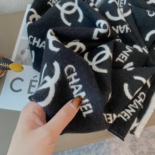 Chanel Monogrammed Black and White Cashmere Scarf 4
