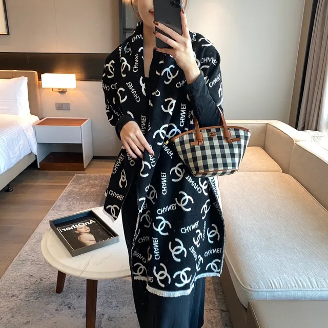 Chanel Monogrammed Black and White Cashmere Scarf 5