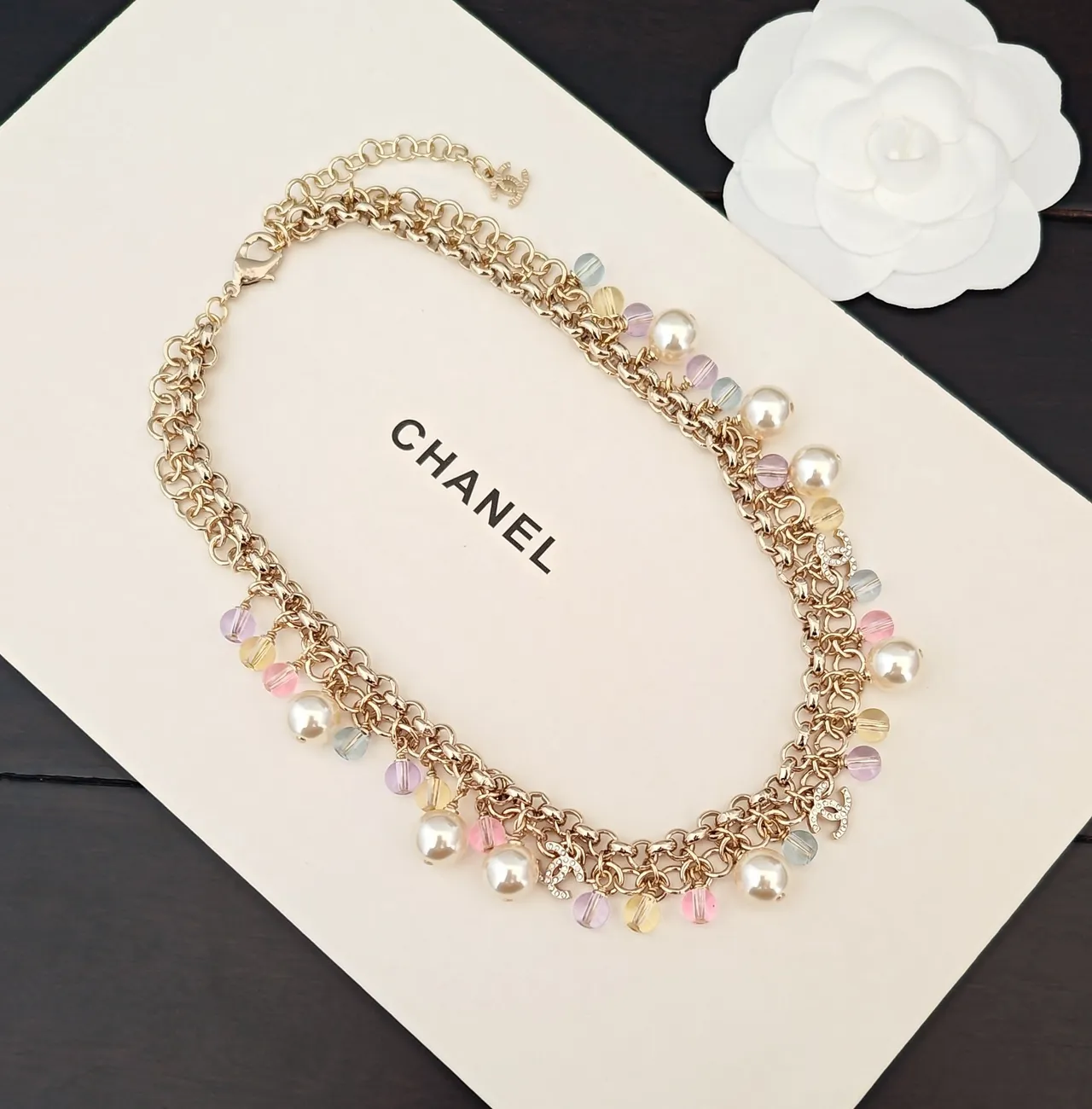 Chanel Pearl and Crystal Charm Necklace Multicolor Gold Curb Chain Dangle Necklace 3