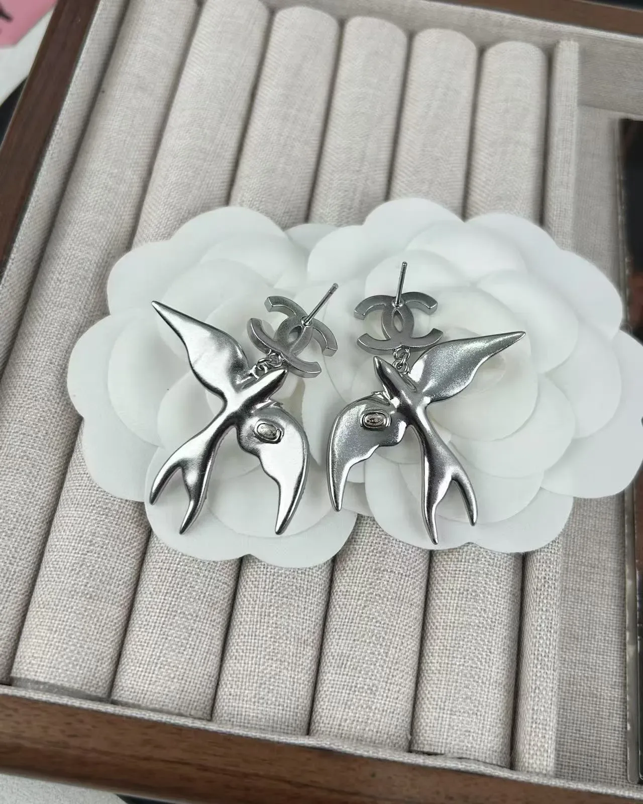 Chanel Swallow Motif Pavé Crystal and Pearl Dangling Earrings 2
