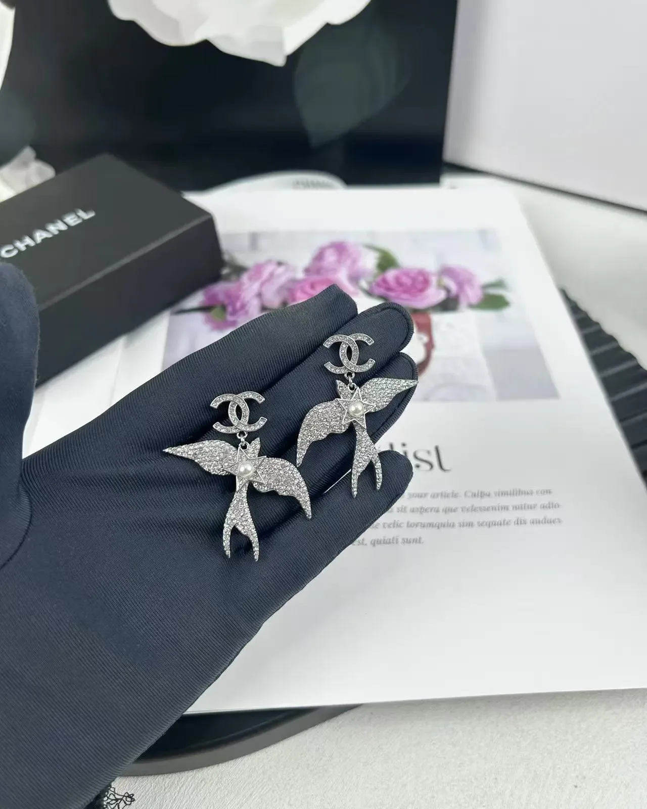 Chanel Swallow Motif Pavé Crystal and Pearl Dangling Earrings 4