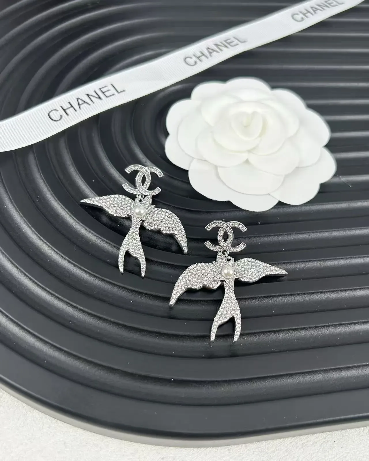 Chanel Swallow Motif Pavé Crystal and Pearl Dangling Earrings 5