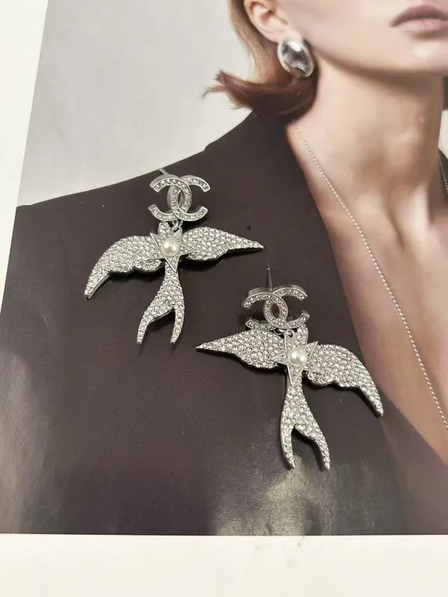 Chanel Swallow Motif Pavé Crystal and Pearl Dangling Earrings 6