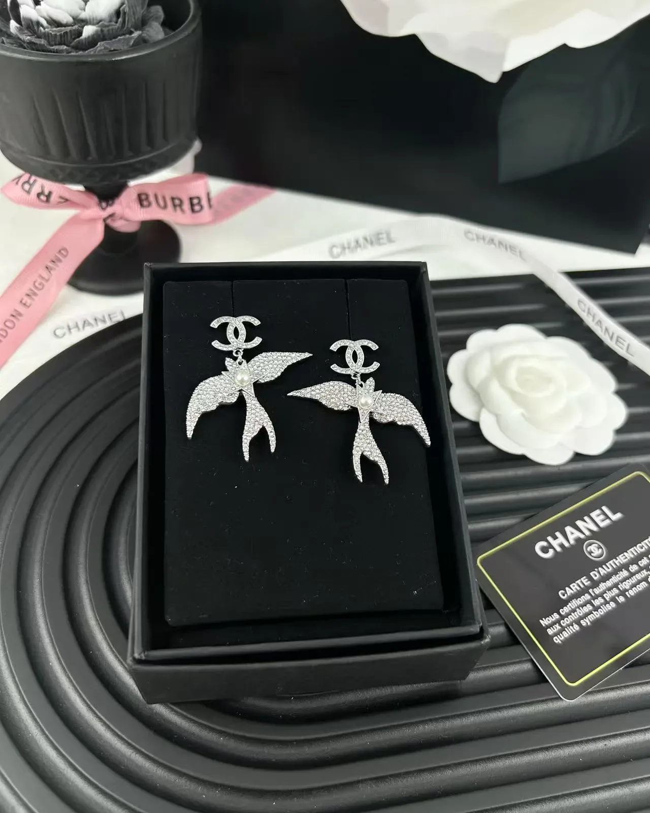Chanel Swallow Motif Pavé Crystal and Pearl Dangling Earrings 7