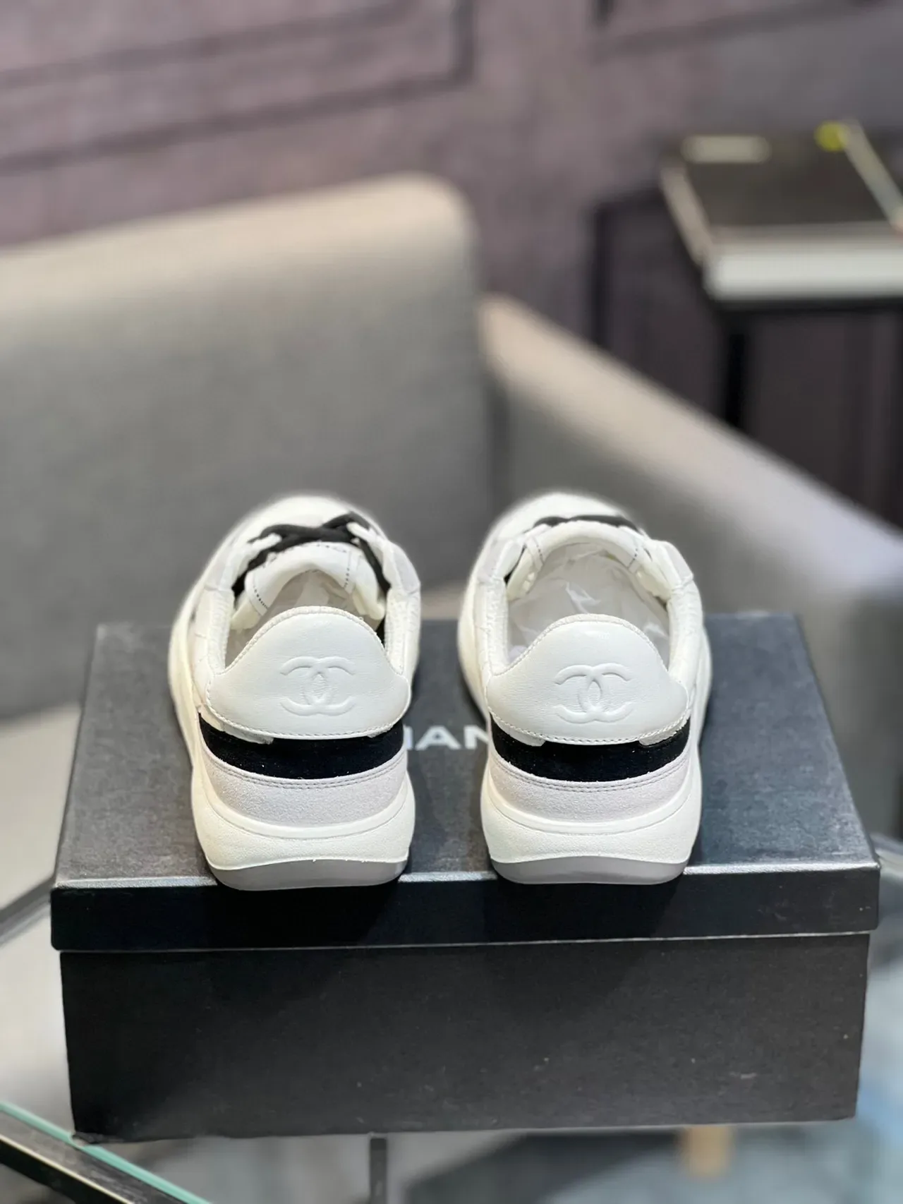 Chanel White Black Quilted Paneling Stripe Accent Lifestyle Sneakers 8