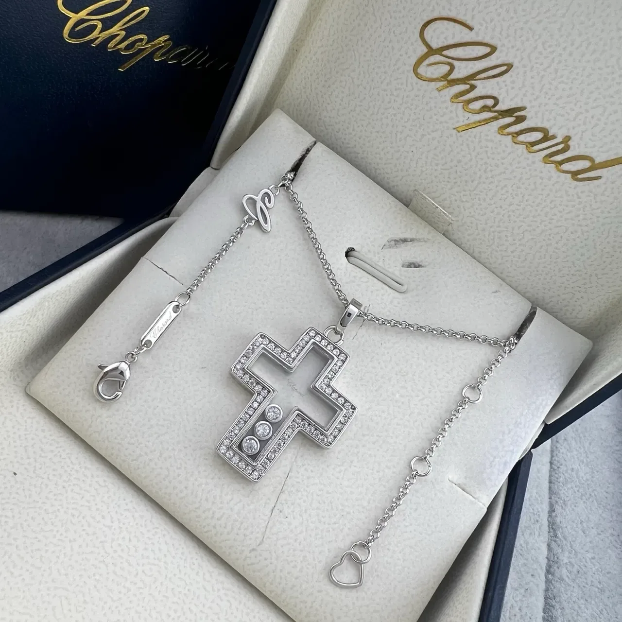 Chopard Colar Prata Dourado Aberto Cruz Pendente Borda Pavé Diamante 5