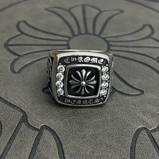 Chrome Hearts क्रॉस रिंग चाँदी काला एनामेल फेसेटेड स्टोन रिंग