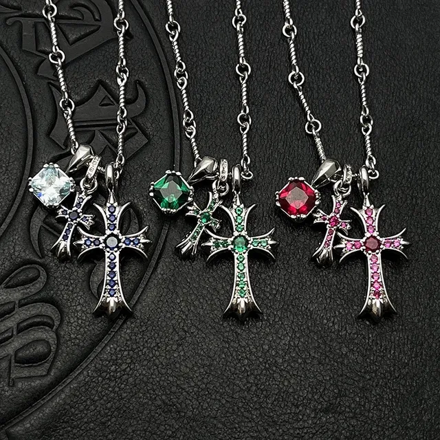 Chrome Hearts क्रॉस चांदी बहुरंगी गॉथिक पेंडेंट बहु-रत्न सेट माला 1