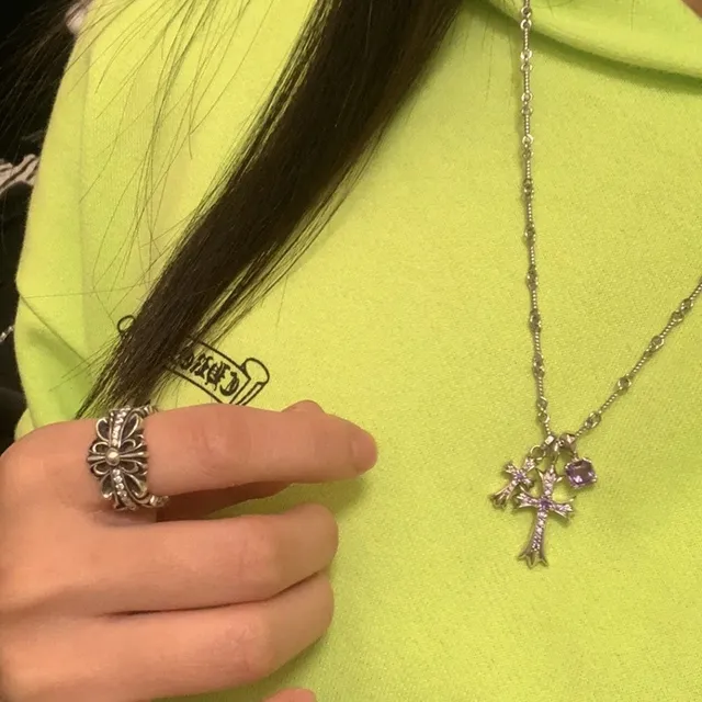 Chrome Hearts क्रॉस चांदी बहुरंगी गॉथिक पेंडेंट बहु-रत्न सेट माला 2