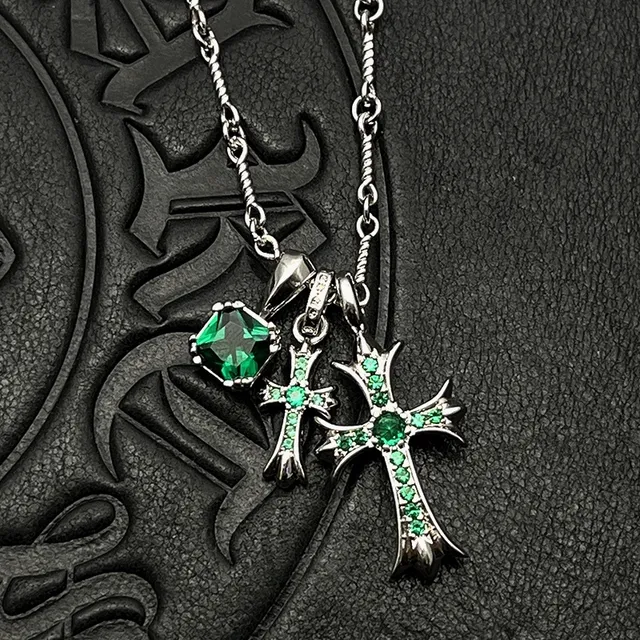 Chrome Hearts क्रॉस चांदी बहुरंगी गॉथिक पेंडेंट बहु-रत्न सेट माला 3