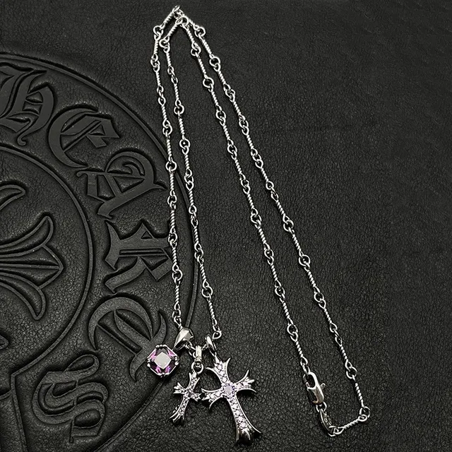 Chrome Hearts क्रॉस चांदी बहुरंगी गॉथिक पेंडेंट बहु-रत्न सेट माला 4