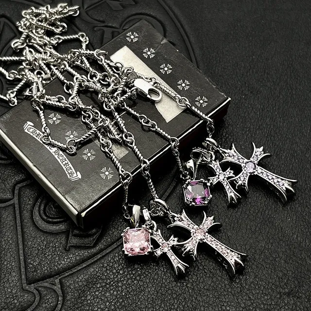 Chrome Hearts क्रॉस चांदी बहुरंगी गॉथिक पेंडेंट बहु-रत्न सेट माला 8