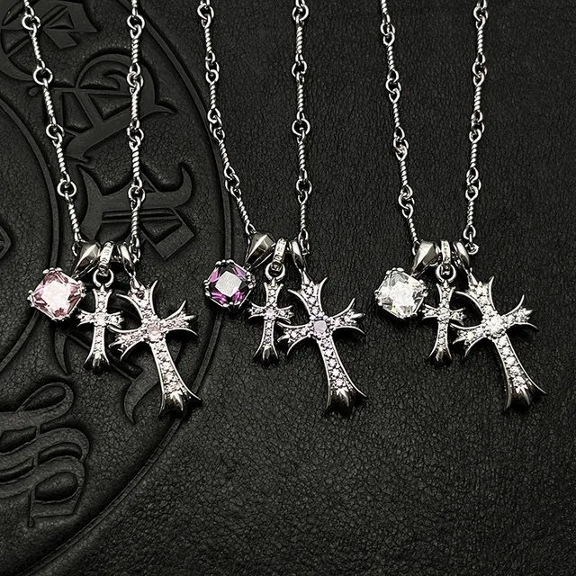 Chrome Hearts क्रॉस चांदी बहुरंगी गॉथिक पेंडेंट बहु-रत्न सेट माला 9