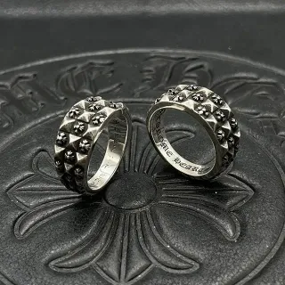 Chrome Hearts Flower Stud Silver Black Geometric Band Reverse-Engraved Interior Ring