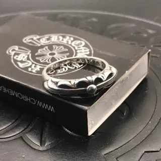 Chrome Hearts Silver Black Ornate Floral Scrollwork Central Bead Accent Ring