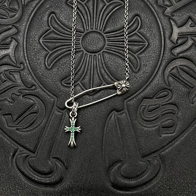 Chrome Hearts Silver Pink Gothic Cross Pendants Gemstone Inlay Necklace 4