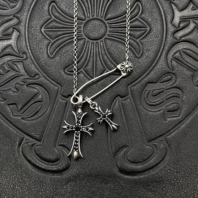 Chrome Hearts Silver Pink Gothic Cross Pendants Gemstone Inlay Necklace 5