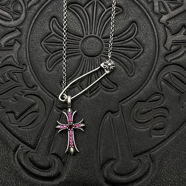 Chrome Hearts Silver Pink Gothic Cross Pendants Gemstone Inlay Necklace 6