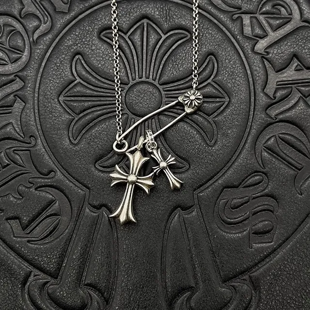 Chrome Hearts Silver Pink Gothic Cross Pendants Gemstone Inlay Necklace 7
