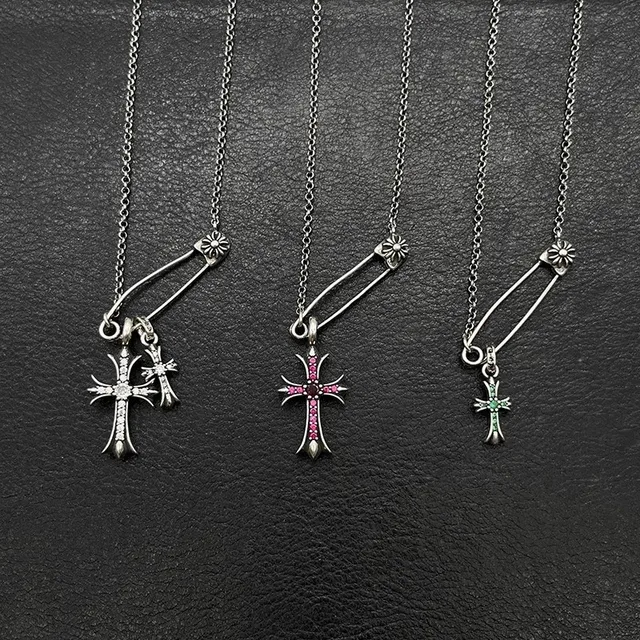 Chrome Hearts Silver Pink Gothic Cross Pendants Gemstone Inlay Necklace 8