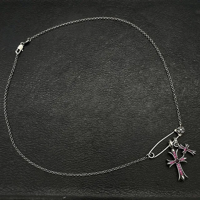Chrome Hearts Silver Pink Gothic Cross Pendants Gemstone Inlay Necklace 9