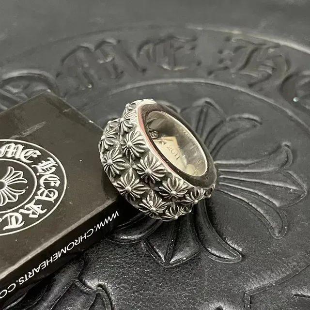 Chrome Hearts Silver Wide Band Floral Relief Ring 9