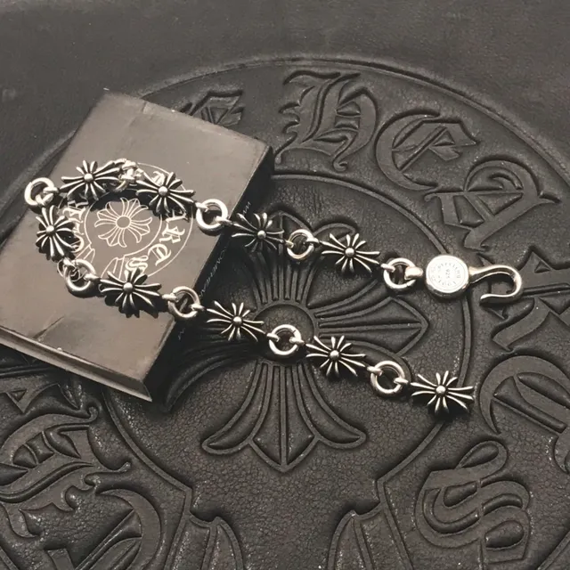 Chrome Hearts Starburst Cross Charm Silver Black Charms Circular Clasp Bracelet 6