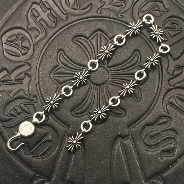 Chrome Hearts Starburst Cross Charm Silver Black Charms Circular Clasp Bracelet 7