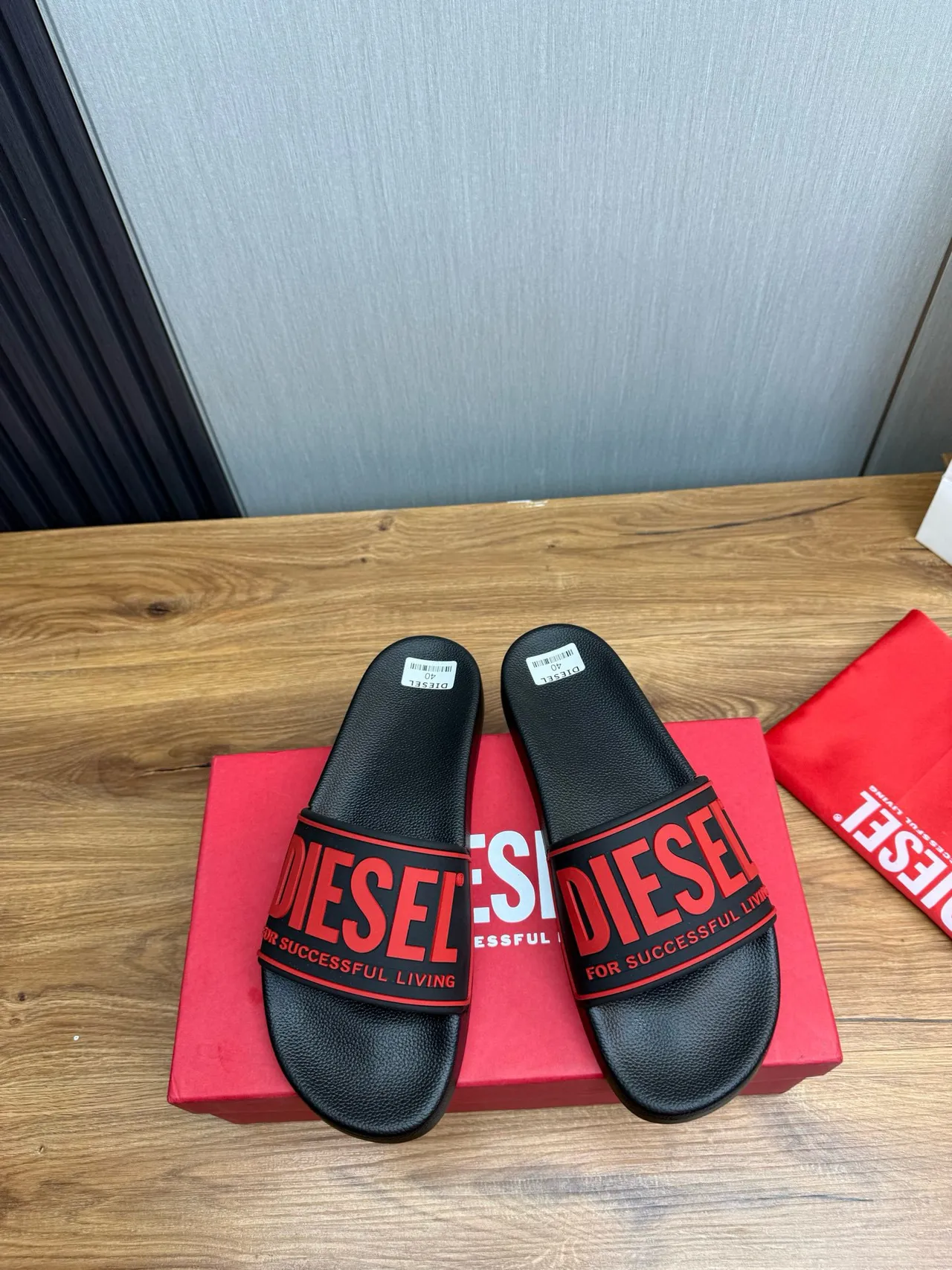 Diesel Slide Black and Red Logo Slippers 2