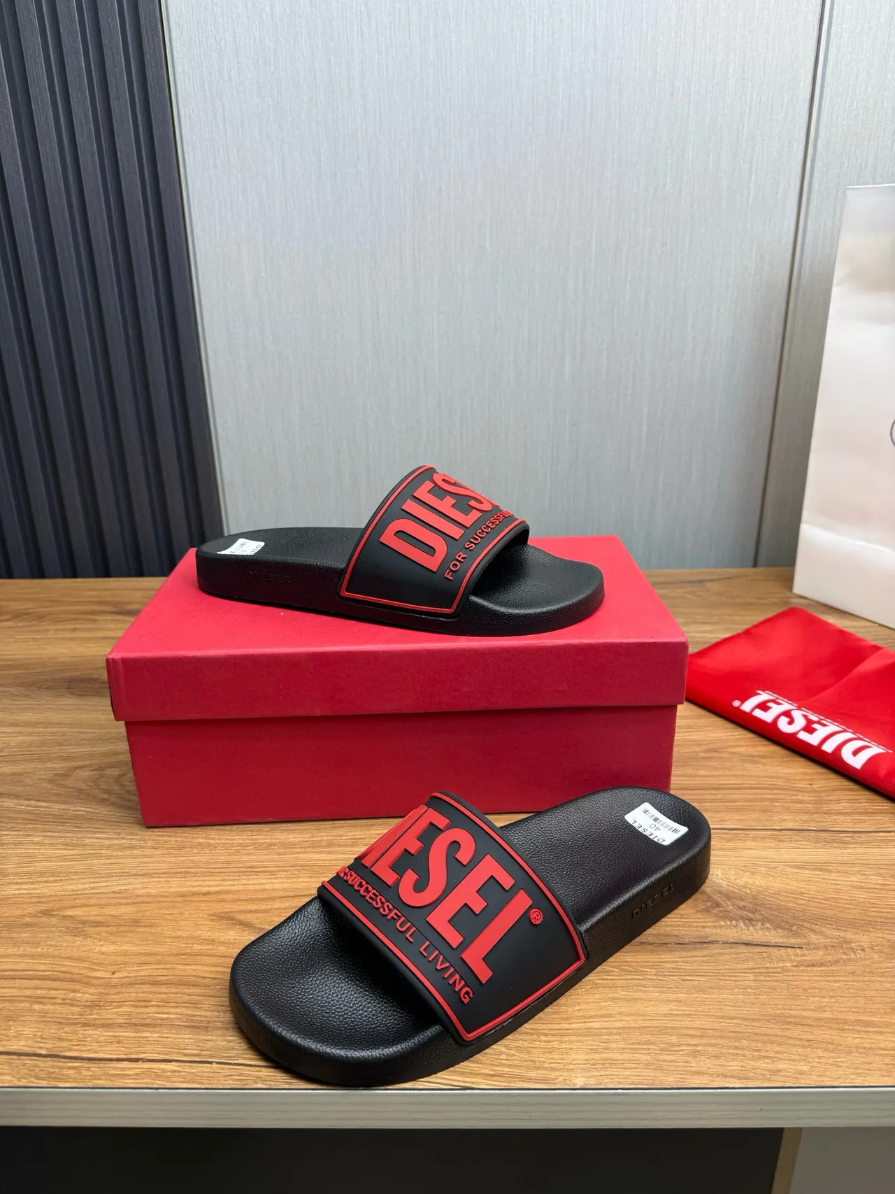 Diesel Slide Black and Red Logo Slippers 3