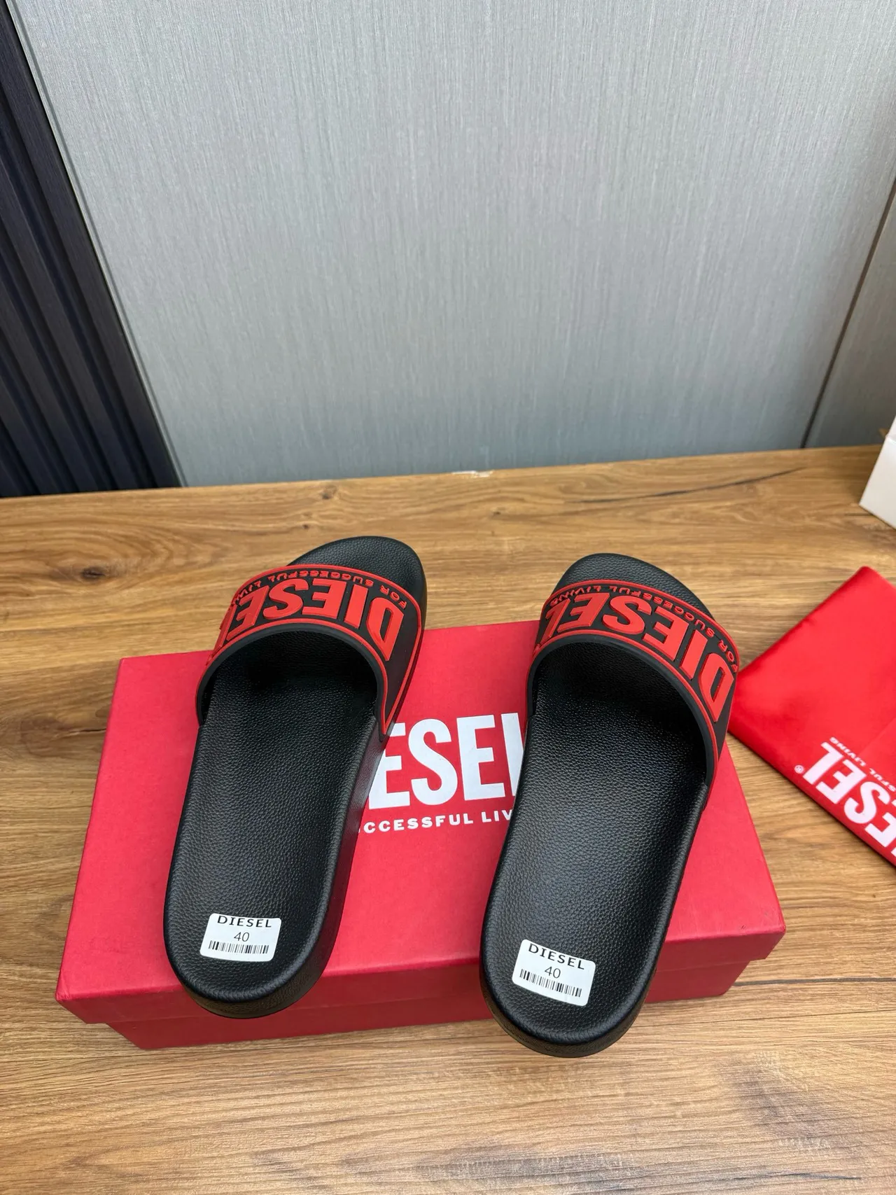 Diesel Slide Black and Red Logo Slippers 4