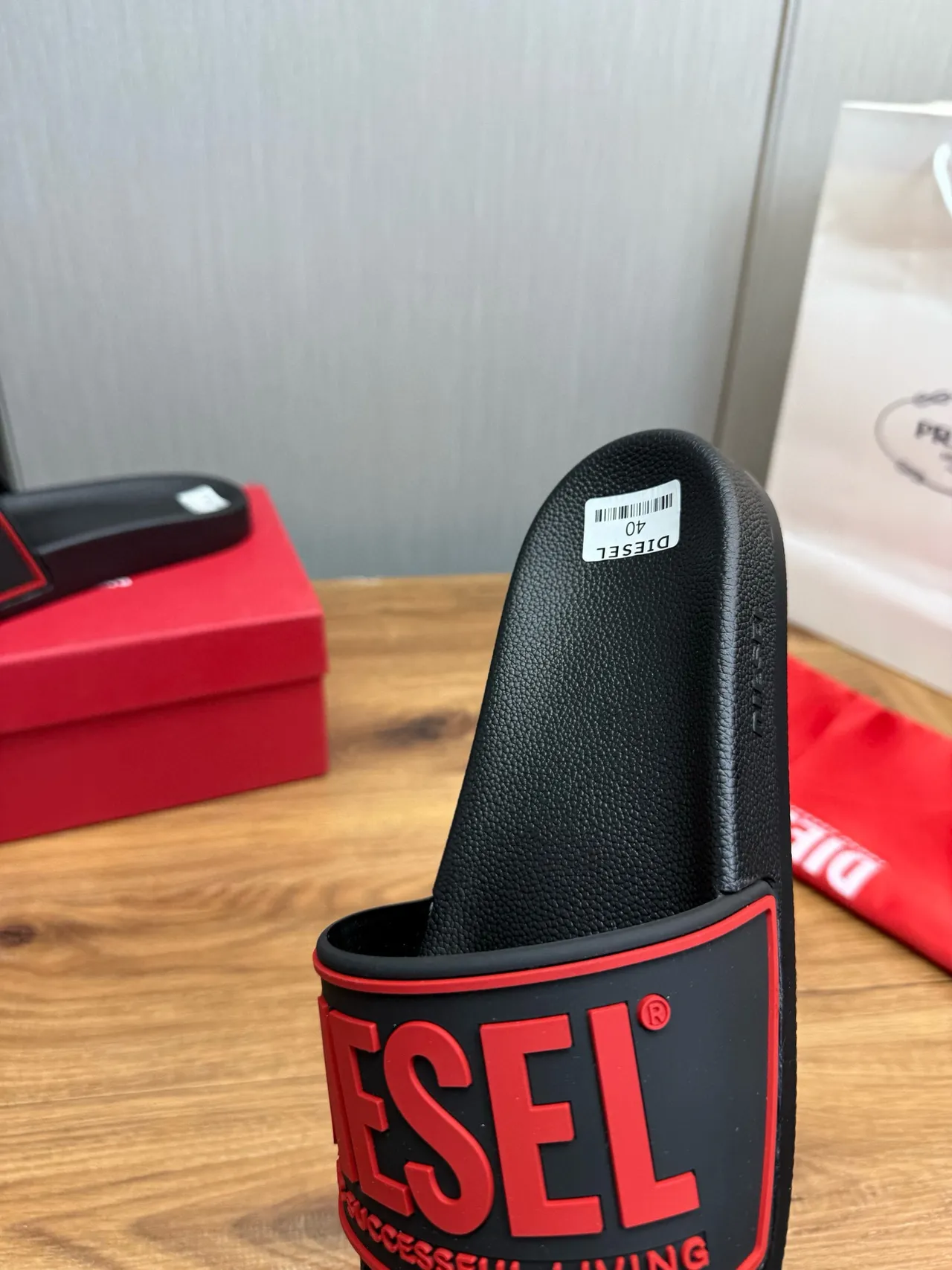 Diesel Slide Black and Red Logo Slippers 8