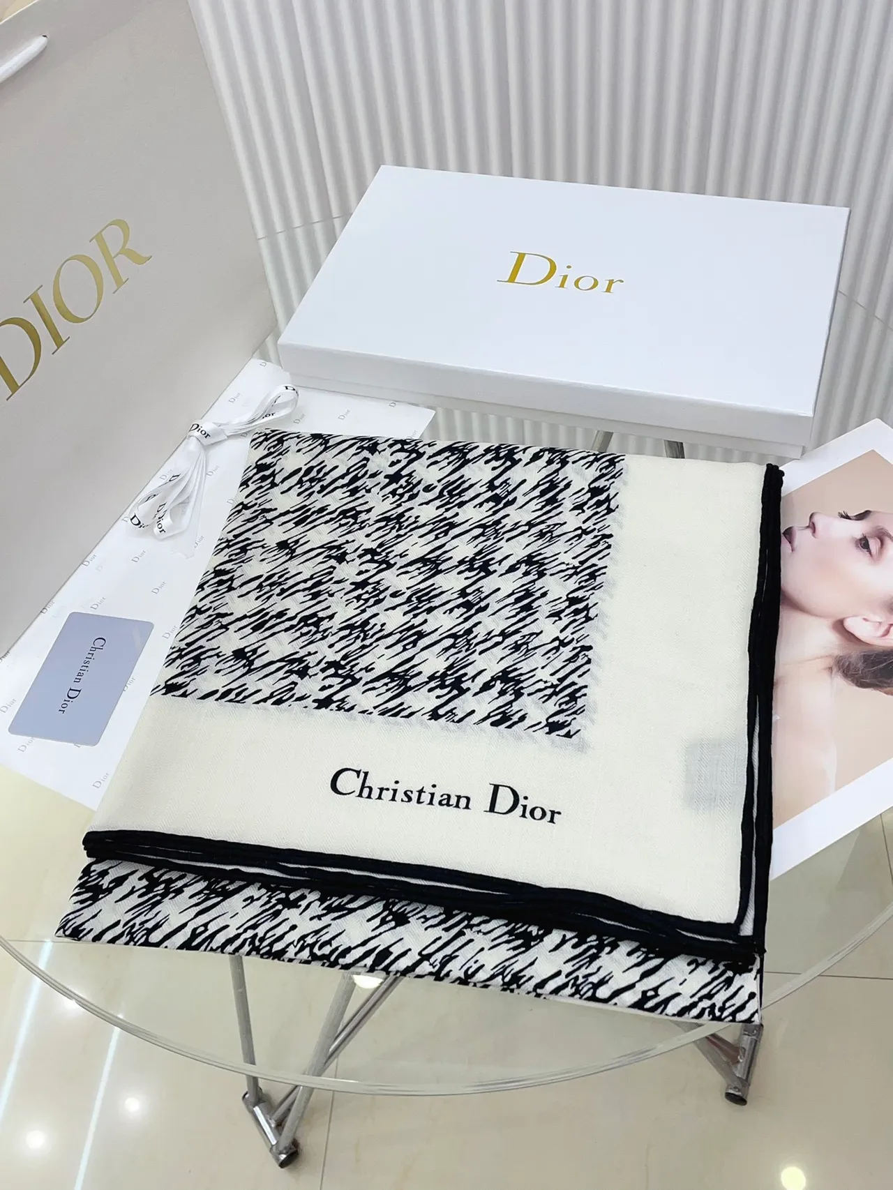 Dior Abstract Brushstroke Print Ivory and Black Silk Scarf 5
