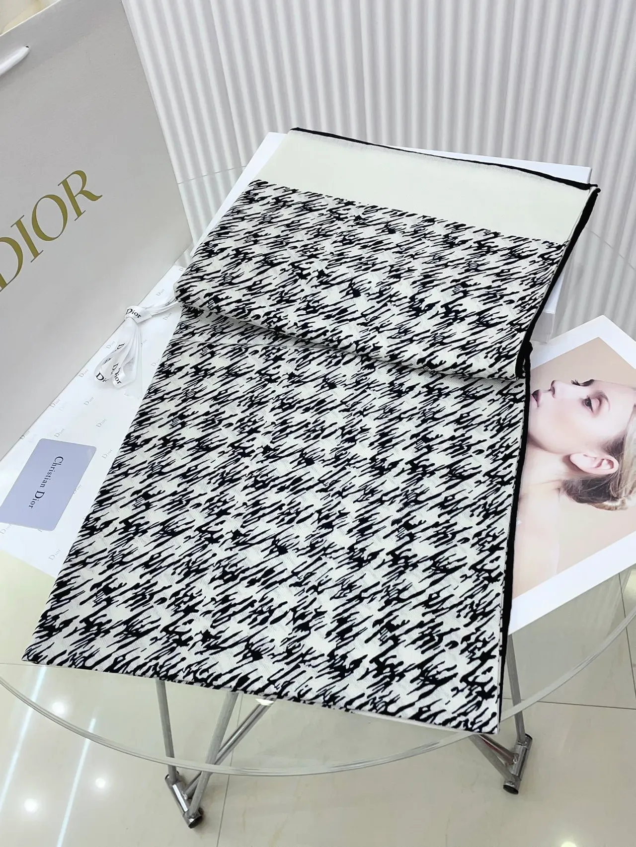 Dior Abstract Brushstroke Print Ivory and Black Silk Scarf 6