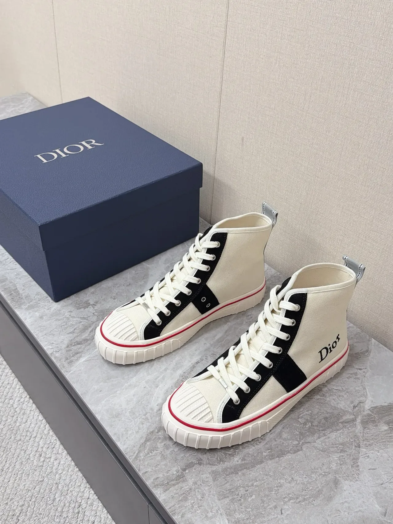 Dior B23 Beige Black High-Top Canvas Upper Lifestyle Sneakers 5