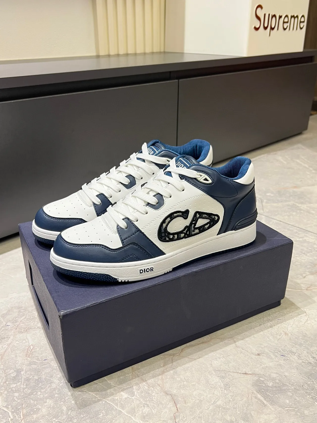 Dior B23 White and Navy Leather Monogram Lifestyle Sneakers 4