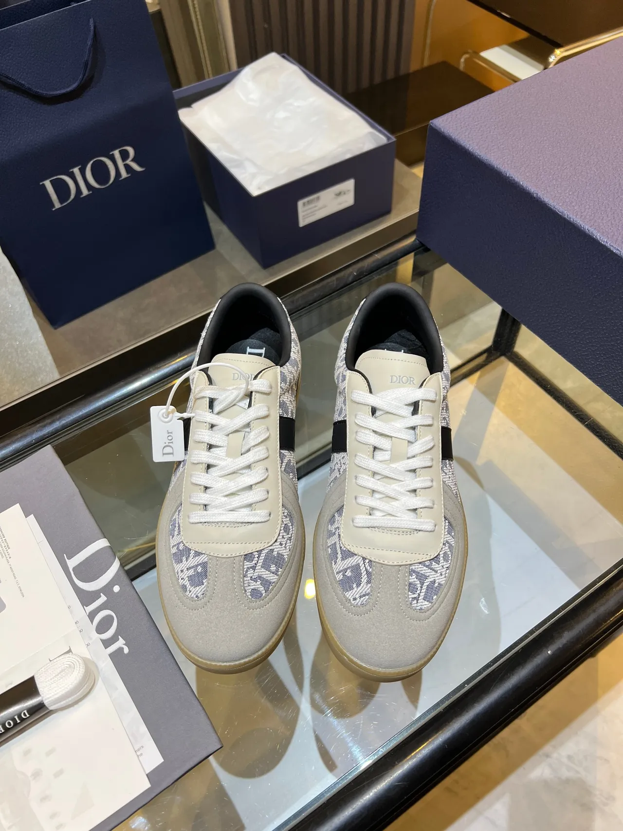 Dior Beige Blue Monogram-Print Textile Suede Overlays Lifestyle Sneakers 3