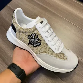 Dior বেজ গ্রে Monogram-Print টেক্সটাইল সুয়েড ওভারলে লাইফস্টাইল স্নিকার